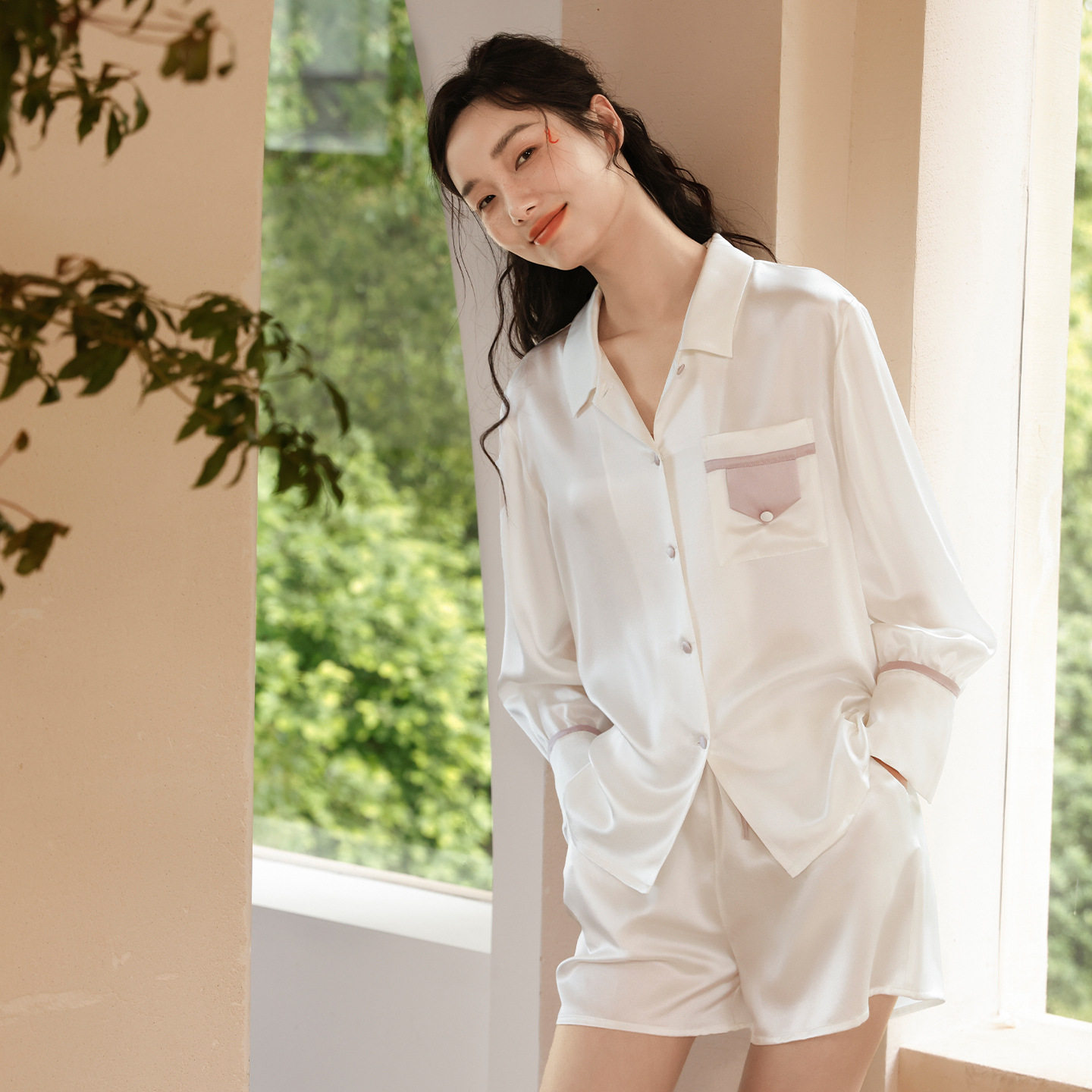 真丝睡衣女长袖短裤套装白色时尚6A级桑蚕丝真丝家居服可外穿休闲