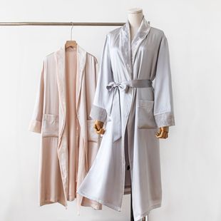 桑蚕丝高级感丝绸长袖 男女款 情侣重磅真丝拼接丝绒双层睡袍春秋款