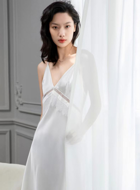 19姆米真丝吊带睡裙夏法式蕾丝V领白色100桑蚕丝睡衣女镂空纯欲风
