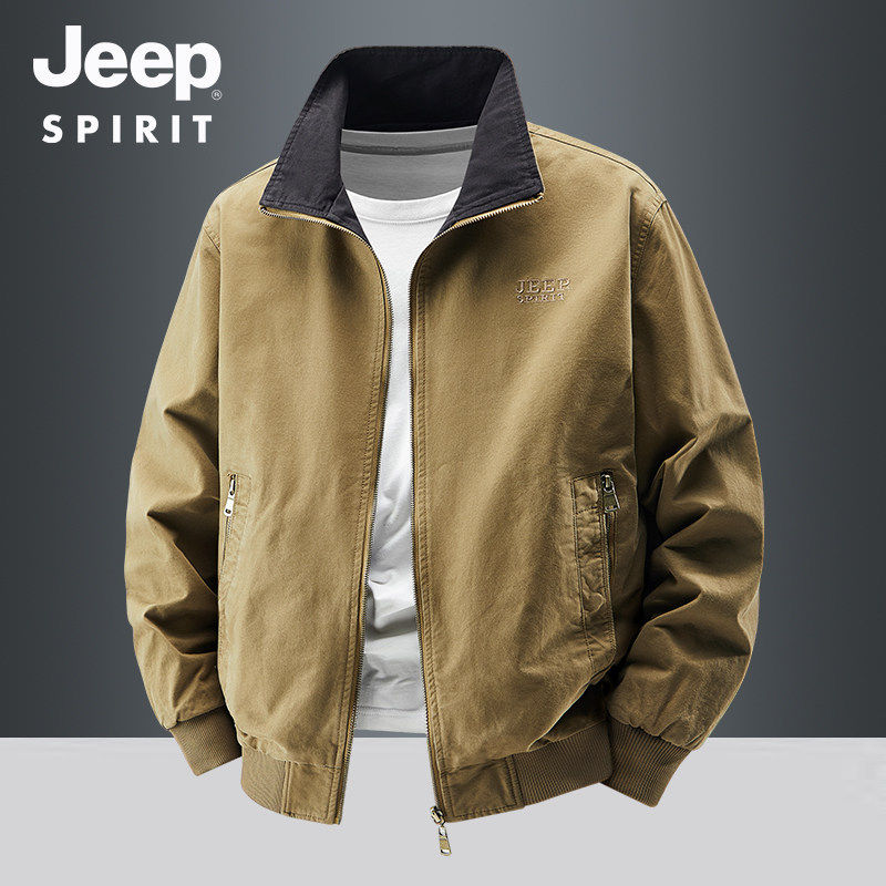 JEEP吉普男士双面穿夹克春秋新款多口袋立领茄克衫纯棉工装外套男