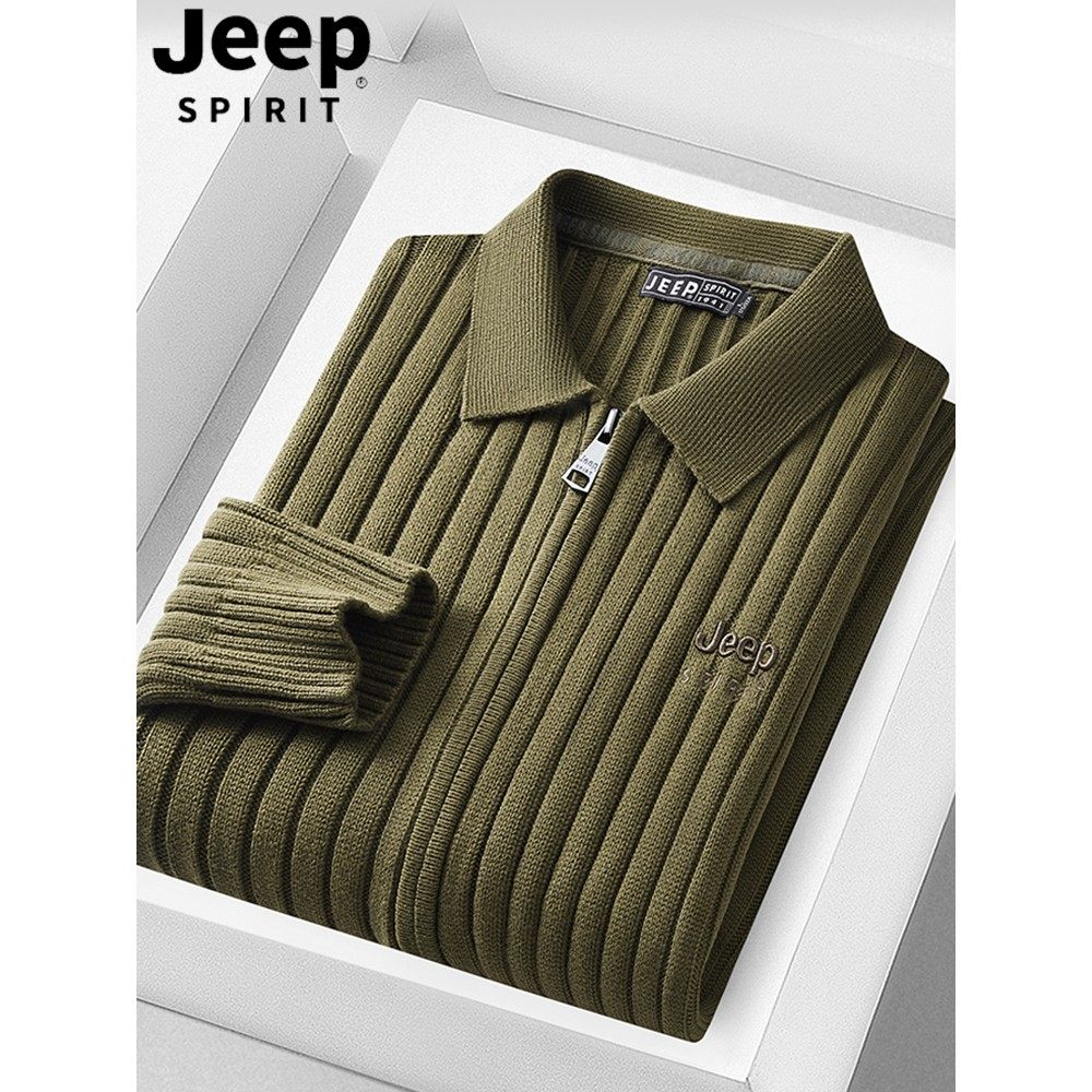 吉普开衫毛衣男秋冬款通勤针织外套高级感纯棉打底衫翻领男士