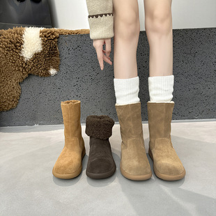 中筒时尚 加绒复古翻毛皮平底休闲两穿短靴子 雪地靴女羊羔毛棉鞋