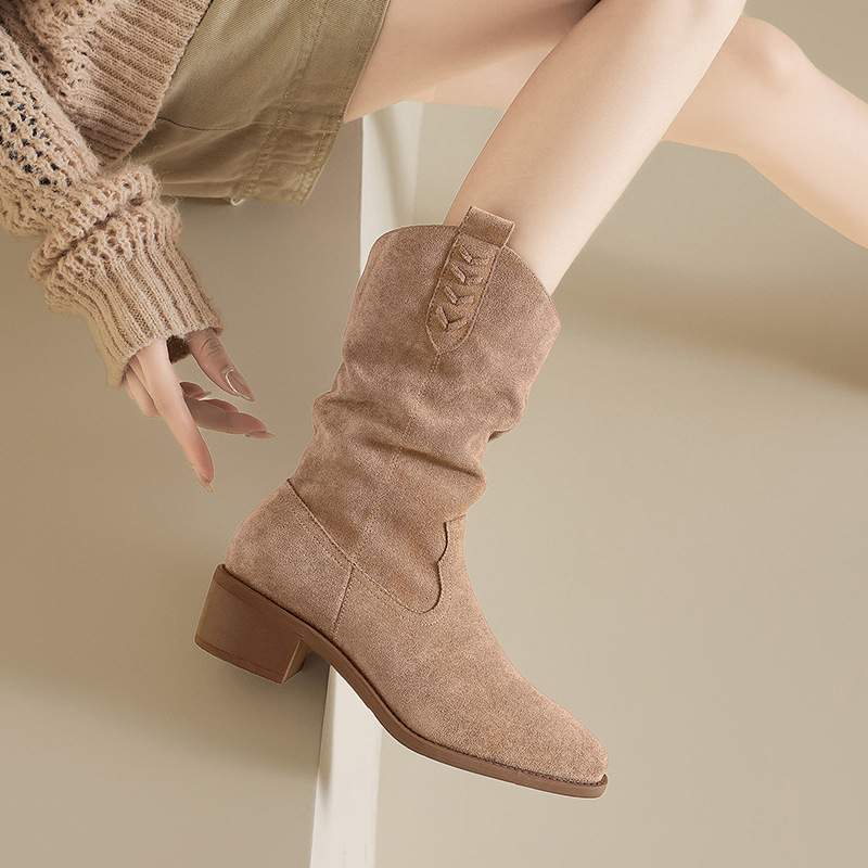 尖头绒布粗跟短靴女2025冬季新款加绒增高堆堆靴复古西部牛仔靴子