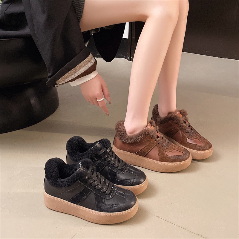 牛皮复古加绒德训鞋女款2025冬季新款加厚羊毛雪地靴增高厚底板鞋