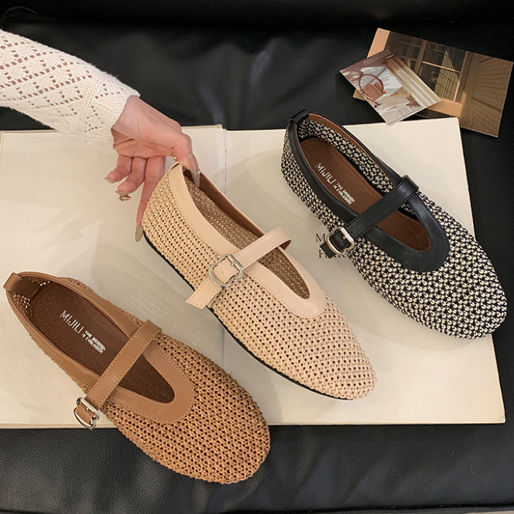 羊皮版真皮镂空网面凉鞋女夏季一字扣带圆头平底浅口玛丽珍单鞋潮