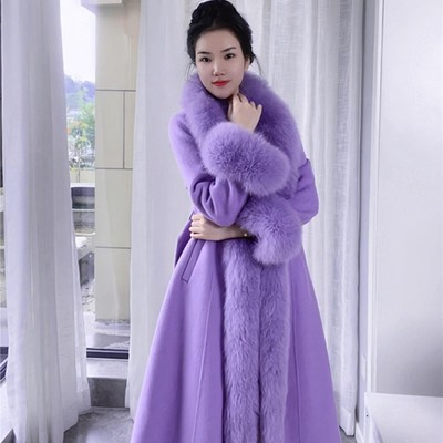 秋冬高档气质修身显瘦长款毛呢外套奢华真狐狸毛领双面羊绒大衣女