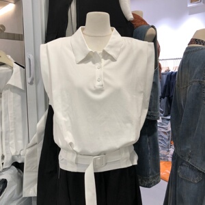 清仓POLO领翻领垫肩无袖背心T恤女2026夏系腰带短款上衣TGM267