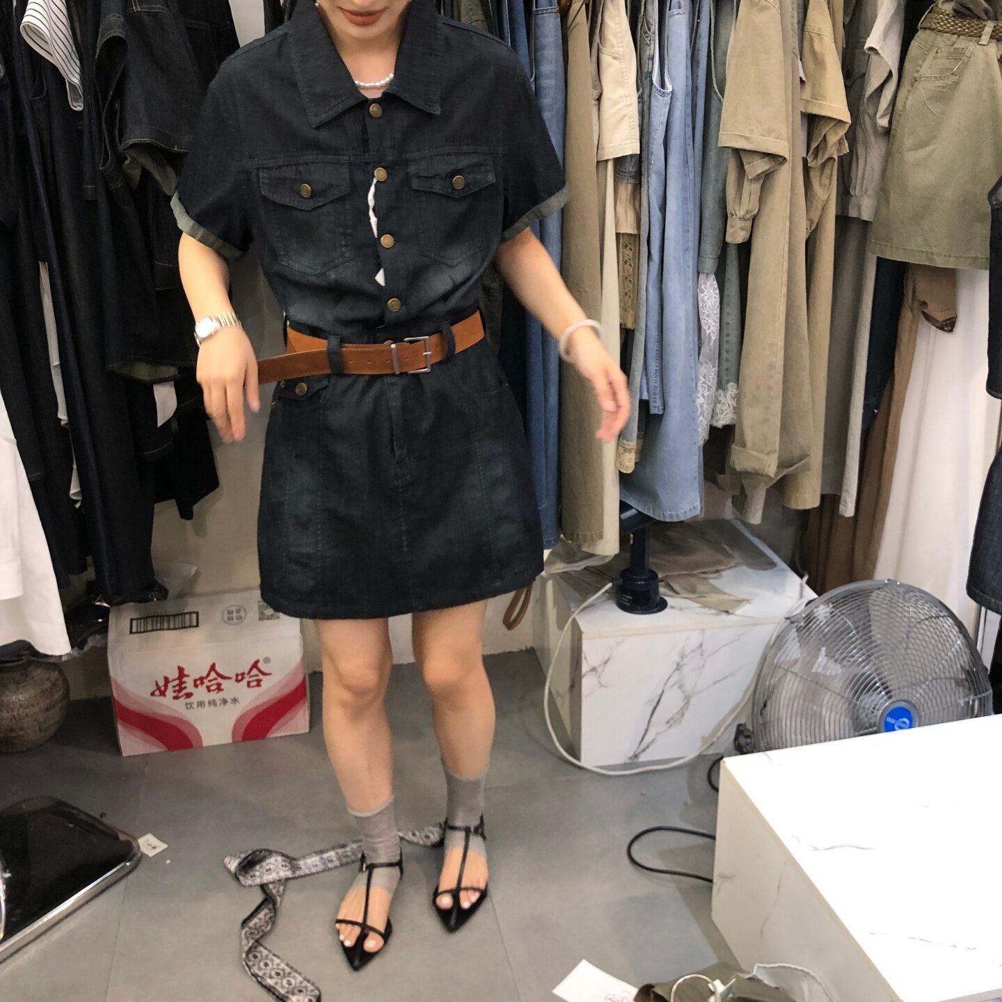 清仓配腰带牛仔裙女2026夏新款韩版时尚短袖翻领连衣裙短裙TXJ950