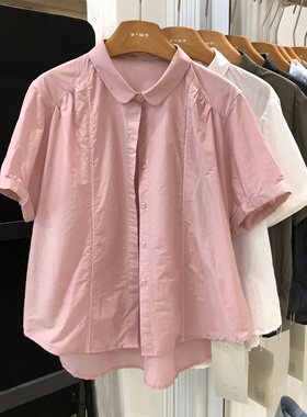 粉色翻领短袖衬衫女2026夏新款韩版宽松褶皱微透休闲上衣JYZ6009