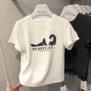 猫咪印花短袖T恤女2026早秋新款韩版时尚休闲圆领打底上衣MG26061