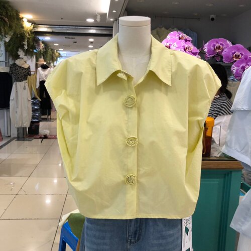 玫瑰花朵翻领短款衬衫女202夏季新款韩版通勤气质小衫女XYF26053