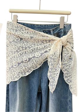 加大米色蕾丝屁帘女2025新款叠穿半身裙外搭三角腰巾遮臀裙帘围裙