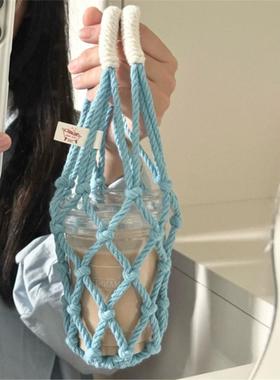 ins风网兜杯套咖啡杯便携式提兜水壶通用提袋可挂车把编织水杯袋