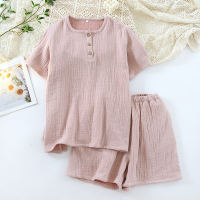 【 Pure Cotton four-layer Yarn 】 Couple pajamas, short sleeves and shorts, summer pure cotton solid color checkered men's and women's pajamas set thumbnail 2