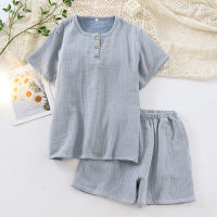 【 Pure Cotton four-layer Yarn 】 Couple pajamas, short sleeves and shorts, summer pure cotton solid color checkered men's and women's pajamas set thumbnail 3