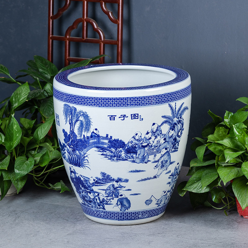 景德镇百子图青花陶瓷古法生态养鱼缸加高缸庭院老式大水缸荷花盆