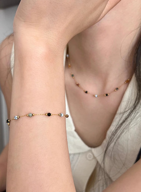 豆豆彩色石头拼接隔珠简约手链女时髦欧美风休闲风时尚手串手饰