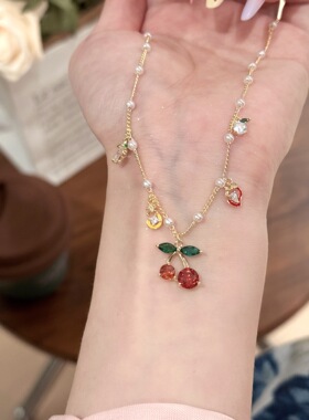 跨境樱桃红色项链耳钉套装轻奢高级感小众锁骨链气质精致套装项链