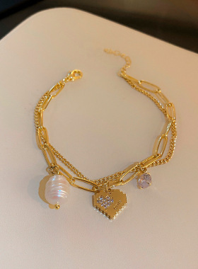 复古双层珍珠爱心手链女时尚创意冷淡风森系百搭气质珍珠手链手饰