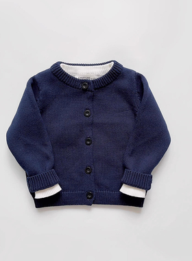 日系春秋款男女儿童宝宝藏青色纯棉针织开衫小厚款针织毛线衣外套