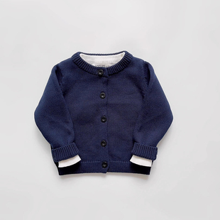 日系春秋款男女儿童宝宝藏青色纯棉针织开衫小厚款针织毛线衣外套