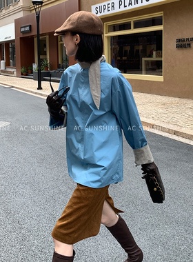 AC Sunshine秋冬叠穿上衣复古水洗纯棉格纹系带设计感衬衫女19267