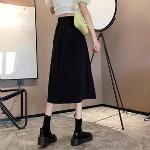 2024新款 高腰垂坠感a字伞裙黑色半身裙女小个子中长款 百褶裙夏季