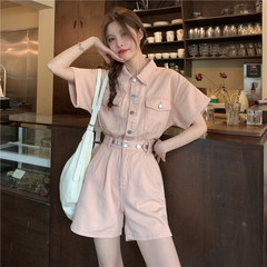 Real shot real price summer new style Hong Kong Style Korean fashion close waist show thin short sleeve denim Jumpsuit women