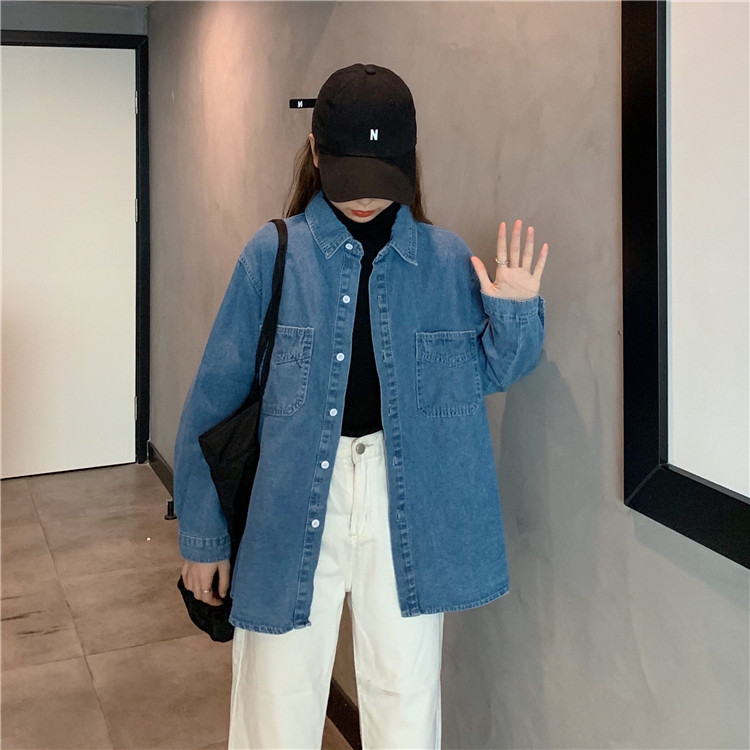 Real price ~ 2021 spring versatile loose retro classic Lapel bottomed denim shirt