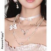 现货·波点控miu系 原创小众绸缎蝴蝶结少女珍珠项链双层毛衣链