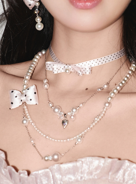 波点控miu系！原创小众绸缎蝴蝶结少女珍珠项链双层长款毛衣链