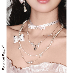 波点控miu系 毛衣链 原创小众绸缎蝴蝶结少女珍珠项链双层长款