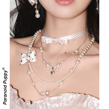 波点控miu系！原创小众绸缎蝴蝶结少女珍珠项链双层长款毛衣链