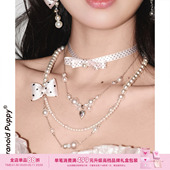 现货·波点控miu系 原创小众绸缎蝴蝶结少女珍珠项链双层毛衣链