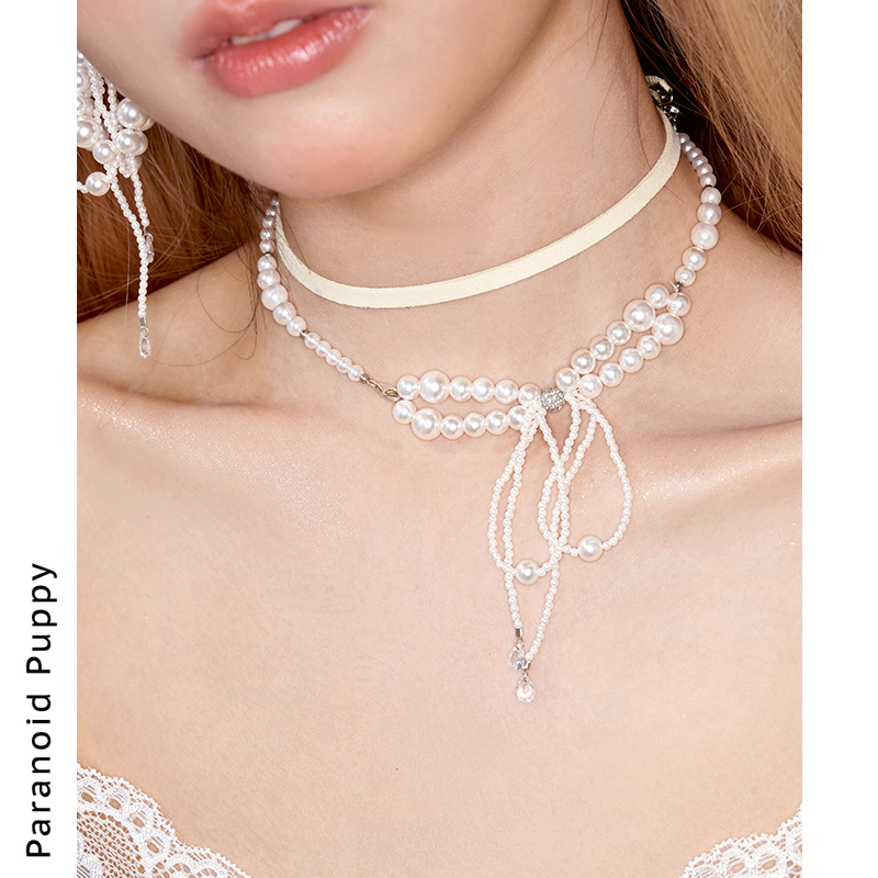 PP饰品《绫》蝴蝶结珍珠流苏双层项链女小众轻奢复古锁骨链choker
