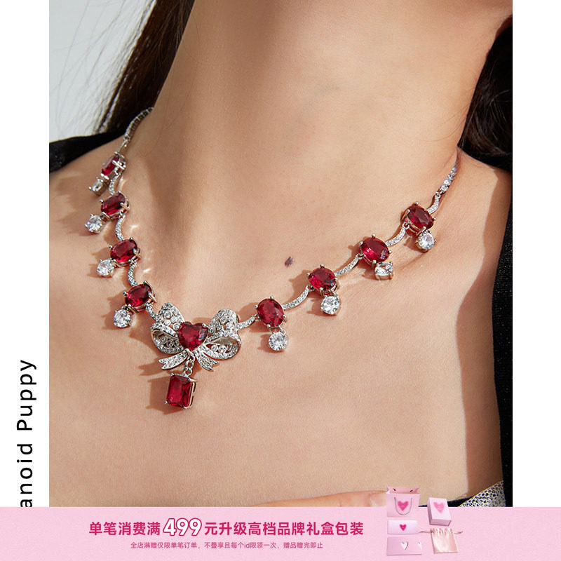 Crush X PP饰品重工法式蝴蝶结新年项链女轻奢小众红色宝石锁骨链