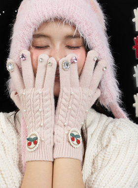 PP配饰 少女感羊毛ins风巴洛克分指带钻华丽针织手套女冬季保暖
