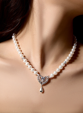 PP饰品《柔光》流苏爱心珍珠925纯银项链女轻奢小众复古锁骨链