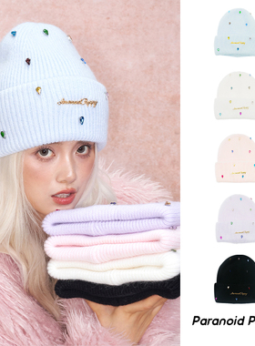 兔毛少女风！泫雅风彩色水钻针织帽女冬季保暖帽子显脸小百搭冷帽