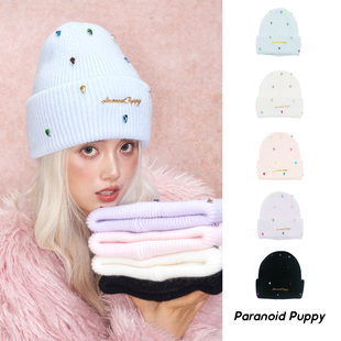 兔毛少女风 保暖帽子显脸小百搭冷帽 泫雅风彩色水钻针织帽女冬季