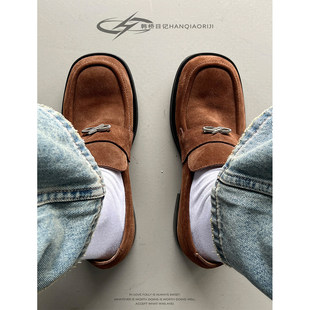 韩桥日记[幽渊系列]老钱风棕色麂皮牛皮乐福鞋通勤套脚方头德比鞋