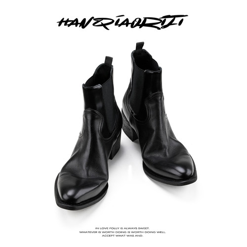 韩桥日记胎牛皮尖头切尔西巫师靴