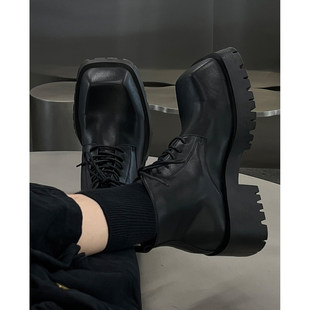韩桥日记「异型系列」秀款 增高厚底德比方头短靴子男潮真皮马丁靴