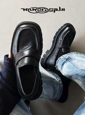 韩桥日记[黑血系列]头层牛皮一脚蹬乐福鞋男套脚方头德比皮鞋厚底