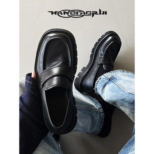 韩桥日记[黑血系列]头层牛皮一脚蹬乐福鞋男套脚方头德比皮鞋厚底
