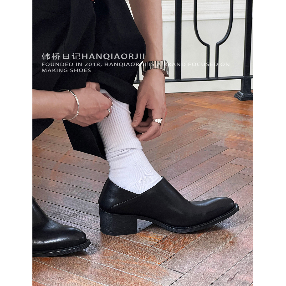 小众雅痞切尔西一脚蹬尖头皮鞋男