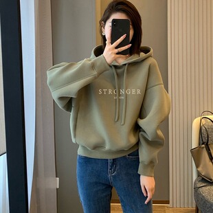 一线专柜正品 捡漏秋冬加绒卫衣女洋气宽松遮肚子保暖加厚连帽上衣