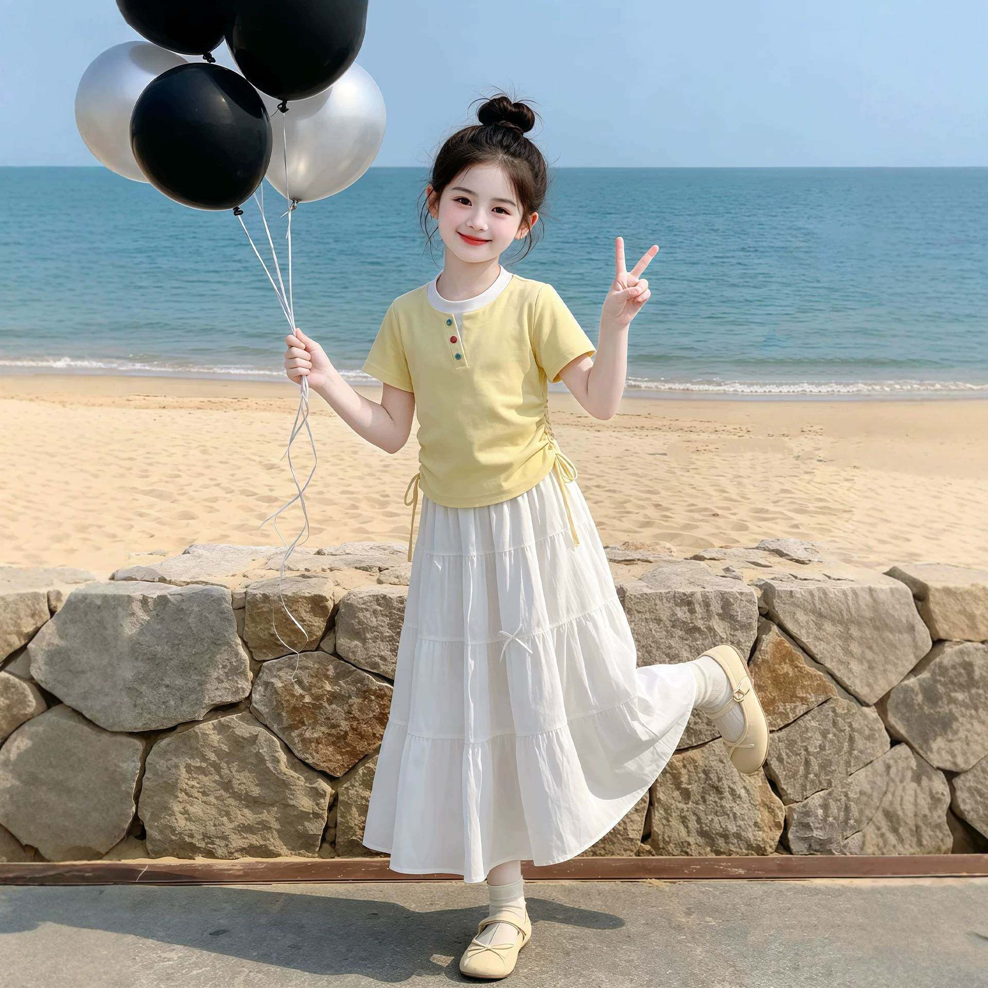 女童夏季套装裙子网红韩系小女孩甜美拼接短袖小清新半身裙两件套
