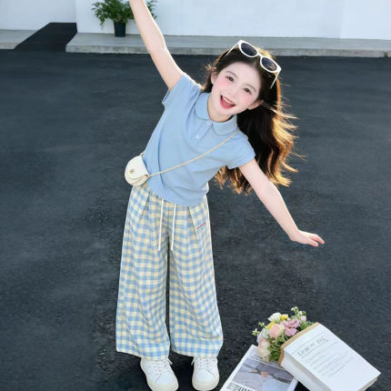 女童夏季小清新套装休闲薄款时尚小女孩POLO领上衣阔腿裤两件套