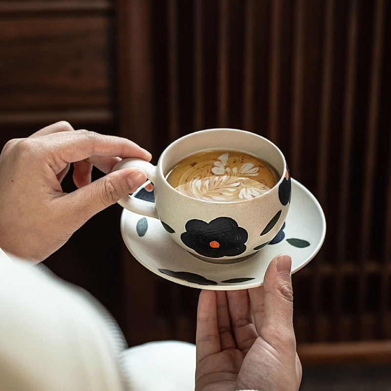 陶瓷咖啡杯景德镇手作拉花蛋杯哑光高级质感手绘花朵日式拿铁杯
